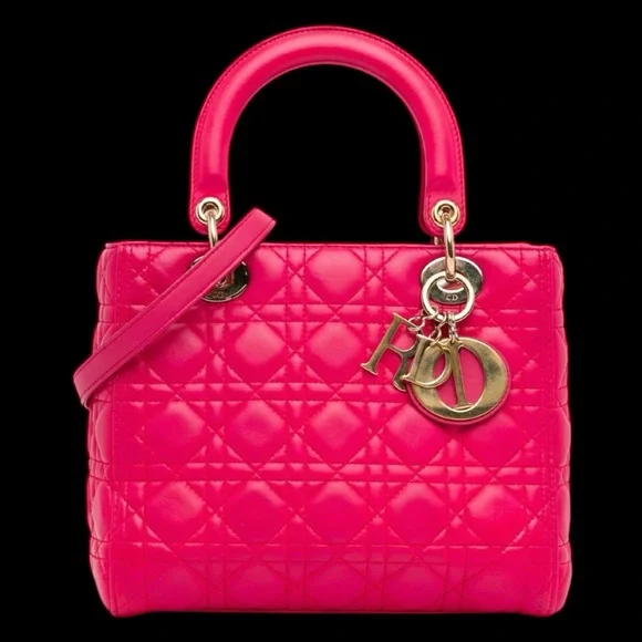 π₯ Christian Dior Lady Dior Pink Supple Quilted Lambskin Large Bag EUC! - Picture 11 of 16
